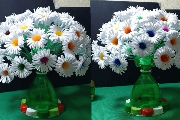 Những bông hoa cúc trắng xinh xắn được làm từ chai nhựa không sử dụng